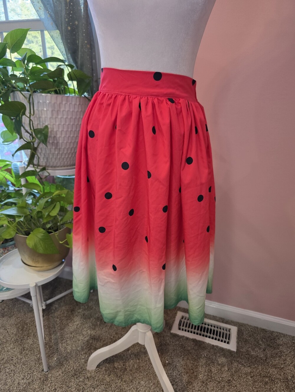 Watermelon Print Ombre Midi Skirt Red Green Polka Dot Size Small